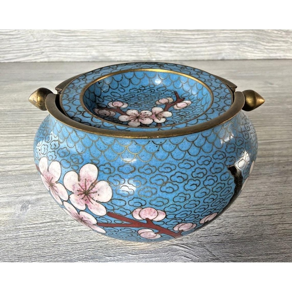 1890-1920 Antique Chinese Cloisonné Enamel Brass Flip Top Ashtray Incense Burner